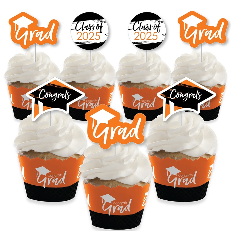 Orange Grad - Best is Yet to Come - Cupcake Decoration - 2025 Orange Graduation Party Cupcake Wrappers and Treat Picks Kit - Set of 24