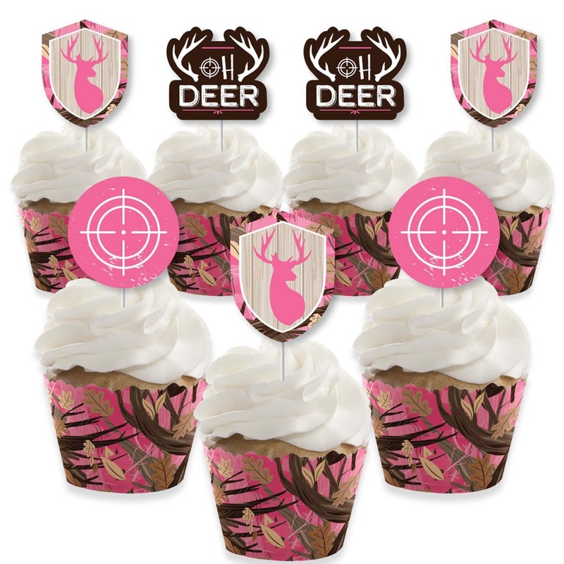 Pink Gone Hunting - Cupcake Decoration - Deer Hunting Girl Camo Baby Shower or Birthday Party Cupcake Wrappers and Treat Picks Kit - Set of 24