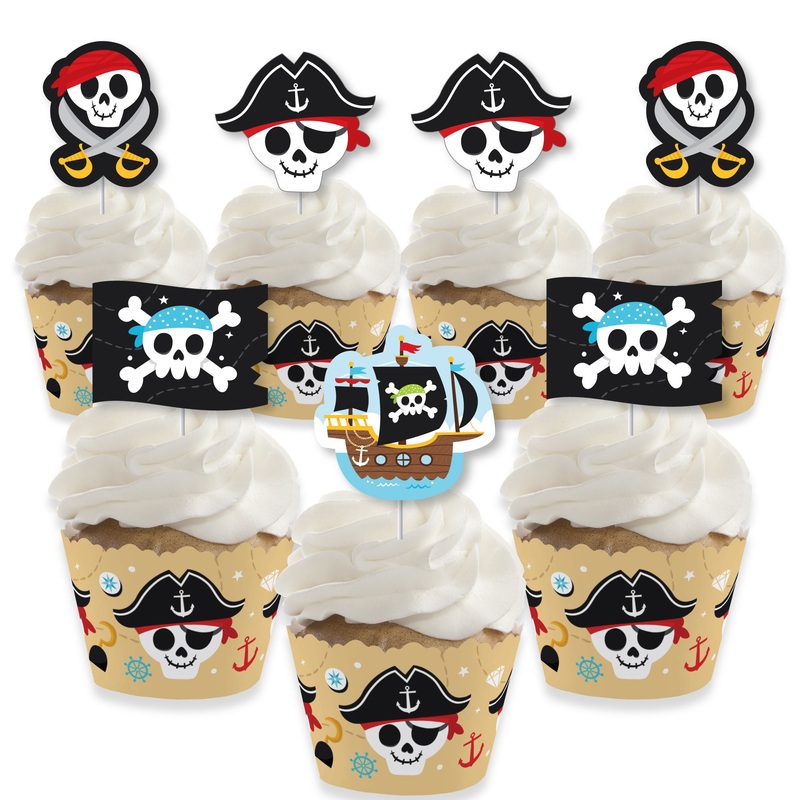 Pirate Ship Adventures - Cupcake Decoration - Skull Birthday Party Cupcake Wrappers and Treat Picks Kit - Set of 24