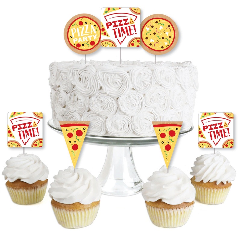 Pizza Party Time - Dessert Cupcake Toppers - Baby Shower or Birthday Party Clear Treat Picks - Set of 24
