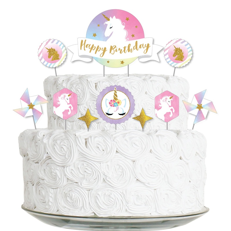 Rainbow Unicorn - Magical Unicorn Birthday Party Cake Decorating Kit - Happy Birthday Cake Topper Set - 11 Pieces
