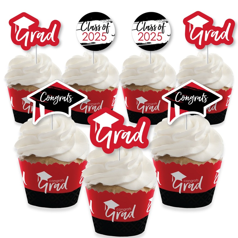 Red Grad - Best is Yet to Come - Cupcake Decoration - 2025 Red Graduation Party Cupcake Wrappers and Treat Picks Kit - Set of 24