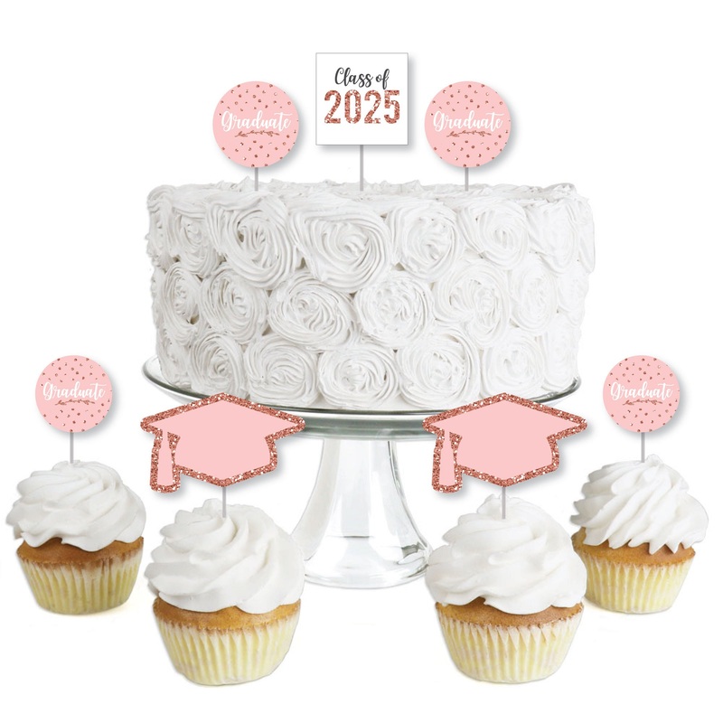 Rose Gold Grad - Dessert Cupcake Toppers - 2025 Graduation Party Clear Treat Picks - Set of 24