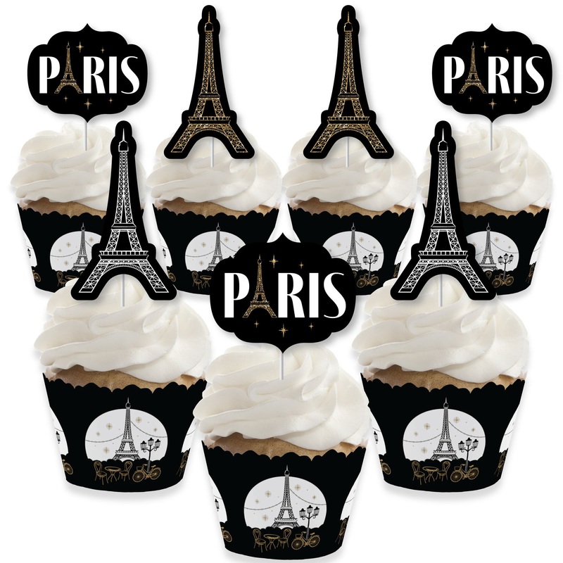 Stars Over Paris - Cupcake Decoration - Parisian Themed Party Cupcake Wrappers and Treat Picks Kit - Set of 24