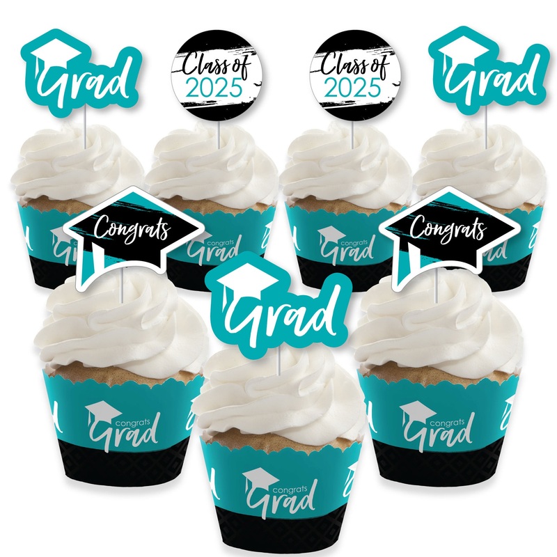 Teal Grad - Best is Yet to Come - Cupcake Decoration - 2025 Turquoise Graduation Party Cupcake Wrappers and Treat Picks Kit - Set of 24