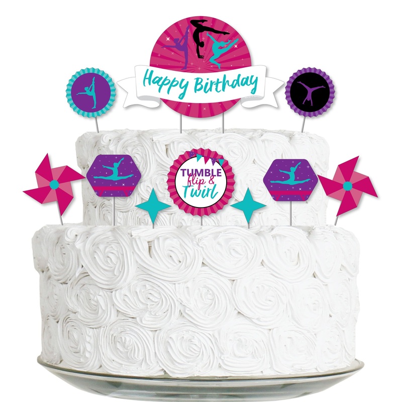Tumble, Flip & Twirl - Gymnastics - Gymnast Birthday Party Cake Decorating Kit - Happy Birthday Cake Topper Set - 11 Pieces