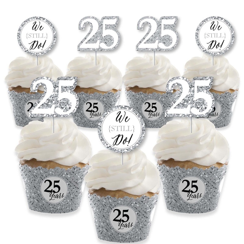We Still Do - 25th Wedding Anniversary - Cupcake Decoration - Anniversary Party Cupcake Wrappers and Treat Picks Kit - Set of 24