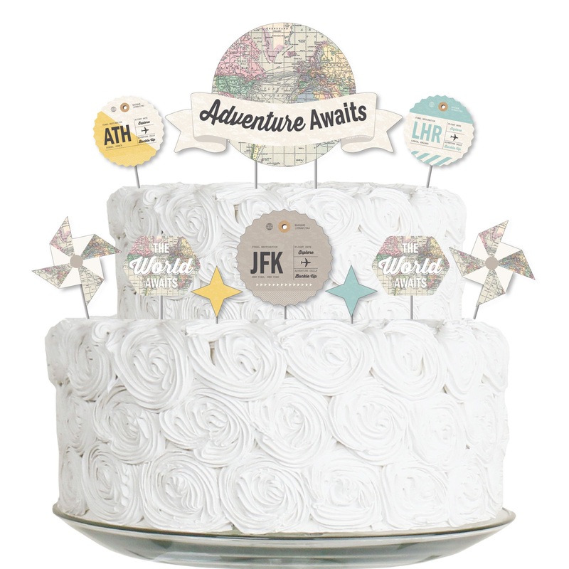 World Awaits - Travel Themed Party Cake Decorating Kit - Adventure Awaits Cake Topper Set - 11 Pieces