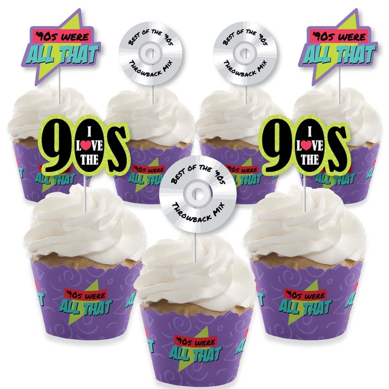 90's Throwback - Cupcake Decorations - 1990s Party Cupcake Wrappers and Treat Picks Kit - Set of 24