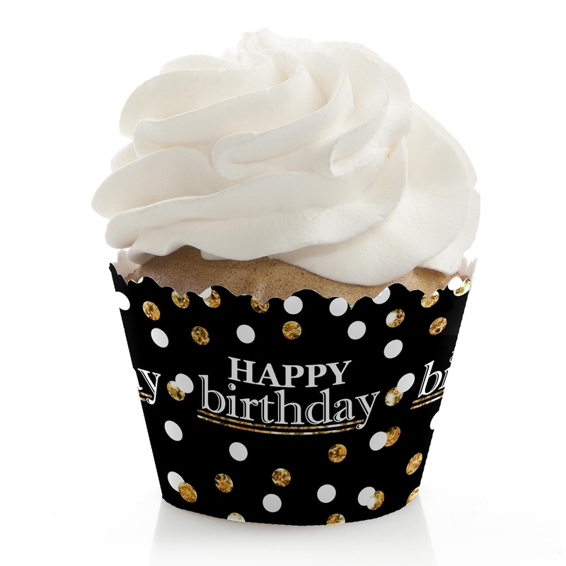 Adult Happy Birthday - Gold - Birthday Decorations - Party Cupcake Wrappers - Set of 12