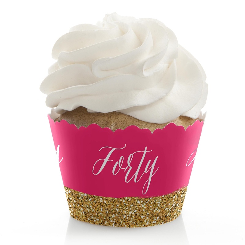 Chic 40th Birthday - Pink and Gold - Birthday Decorations - Party Cupcake Wrappers - Set of 12