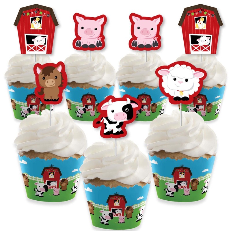 Farm Animals - Cupcake Decorations - Barnyard Baby Shower or Birthday Party Cupcake Wrappers and Treat Picks Kit - Set of 24