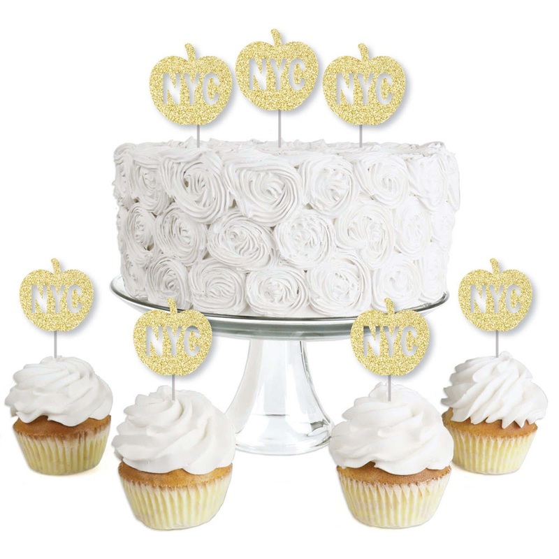 Gold Glitter NYC Apple - No-Mess Real Gold Glitter Dessert Cupcake Toppers - New York City Party Clear Treat Picks - Set of 24