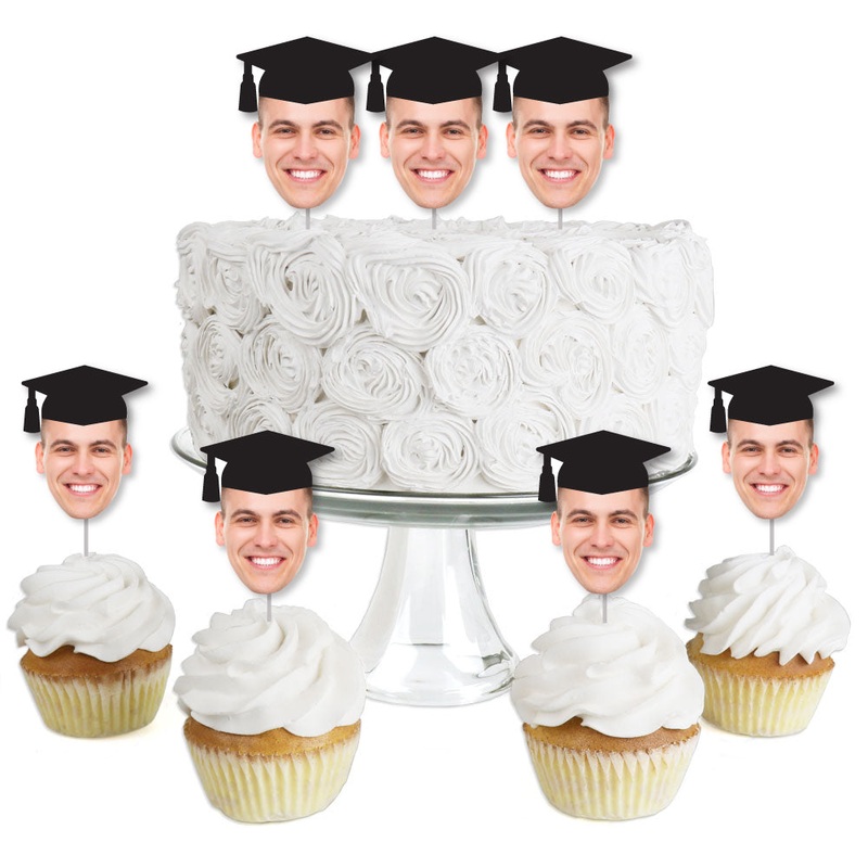 Grad Cap Fun Face Cutout Dessert Cupcake Toppers - Custom Graduation Photo Head Cut Out Clear Treat Picks - Upload 1 Photo - Set of 24