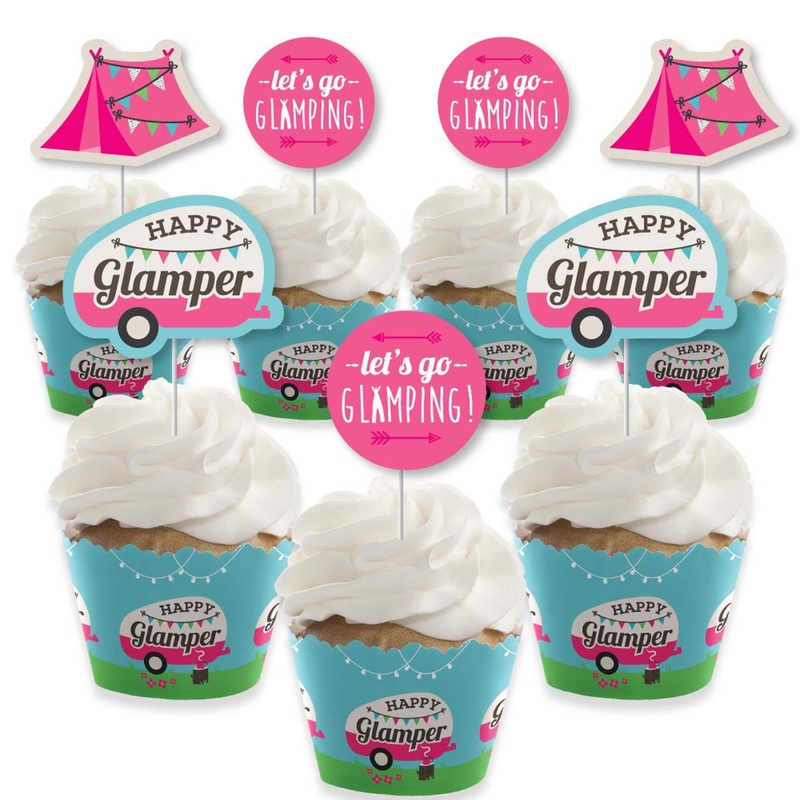 Let's Go Glamping - Cupcake Decoration - Camp Glamp Party or Birthday Party Cupcake Wrappers and Treat Picks Kit - Set of 24
