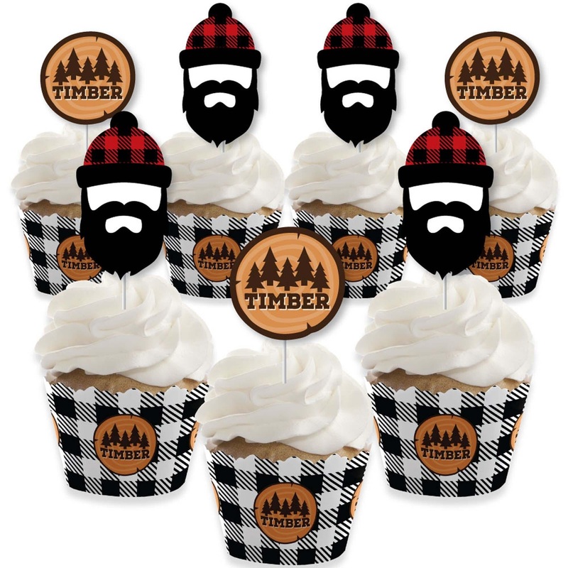 Lumberjack - Channel The Flannel - Cupcake Decorations - Buffalo Plaid Party Cupcake Wrappers and Treat Picks Kit - Set of 24