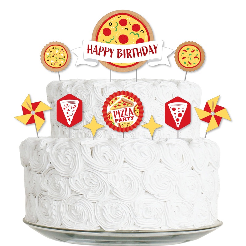 Pizza Party Time - Birthday Party Cake Decorating Kit - Happy Birthday Cake Topper Set - 11 Pieces