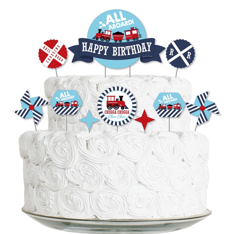 Railroad Party Crossing - Steam Train Birthday Party Cake Decorating Kit - Happy Birthday Cake Topper Set - 11 Pieces