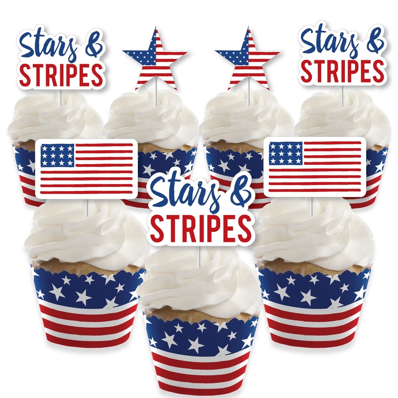 Stars & Stripes - Cupcake Decoration - Patriotic Party Cupcake Wrappers and Treat Picks Kit - Set of 24