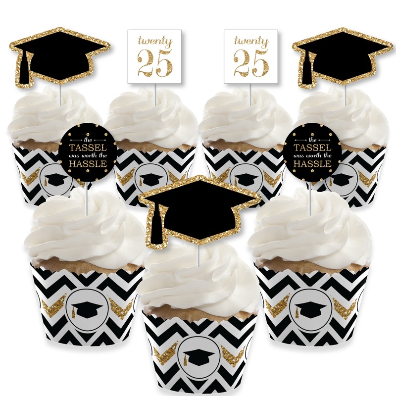 Tassel Worth The Hassle - Gold - Cupcake Decoration - 2025 Graduation Party Cupcake Wrappers and Treat Picks Kit - Set of 24