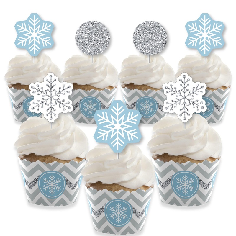 Winter Wonderland - Cupcake Decoration - Snowflake Holiday Birthday Party and Baby Shower Cupcake Wrappers and Treat Picks Kit - Set of 24