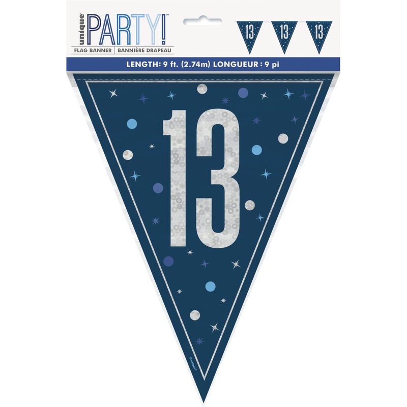 Blue Glitz 13th Birthday Flag Banner