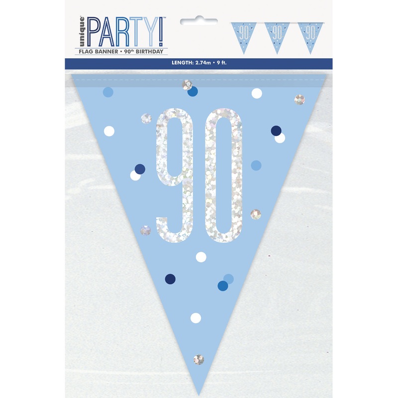 Blue Glitz 90th Birthday Flag Banner