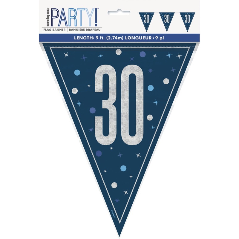 Blue Glitz 30th Birthday Flag Banner
