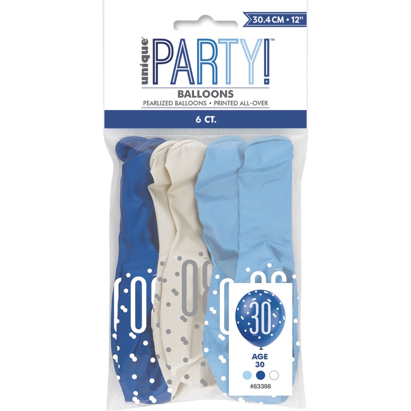 Blue Glitz 30th Birthday Latex Balloons 6pk