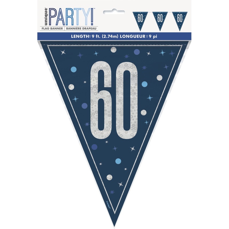 Blue Glitz 60th Birthday Flag Banner