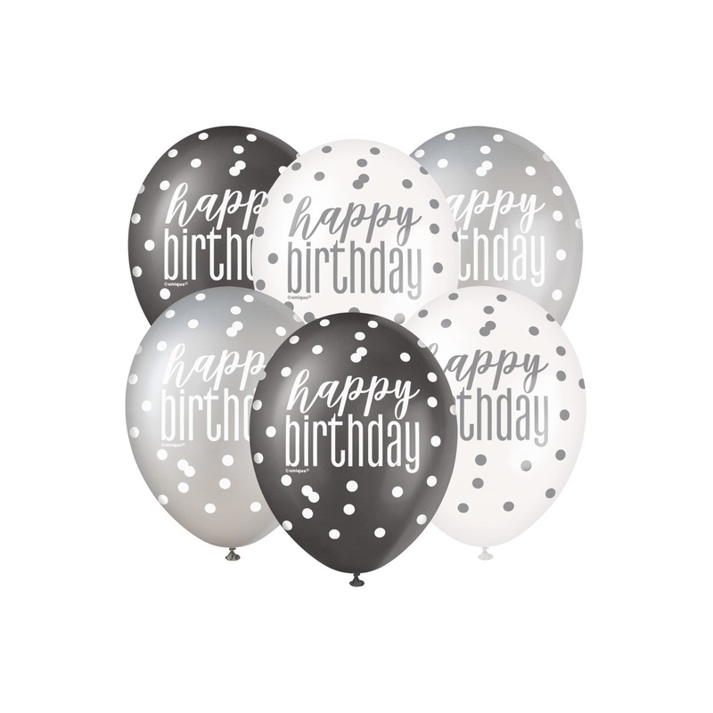 Black Glitz Happy Birthday Latex Balloons 6pk