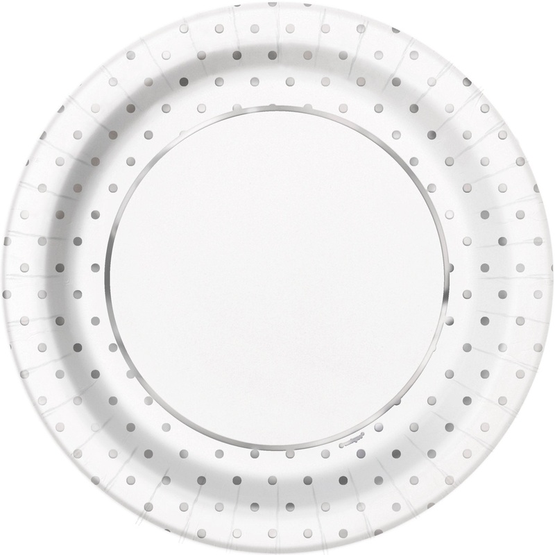 Assiettes en carton 9po (8) - blanc pois argent