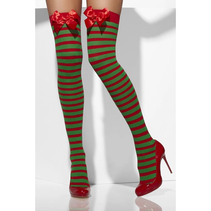 Opaque Hold-Ups, Red & Green, Striped with Bows