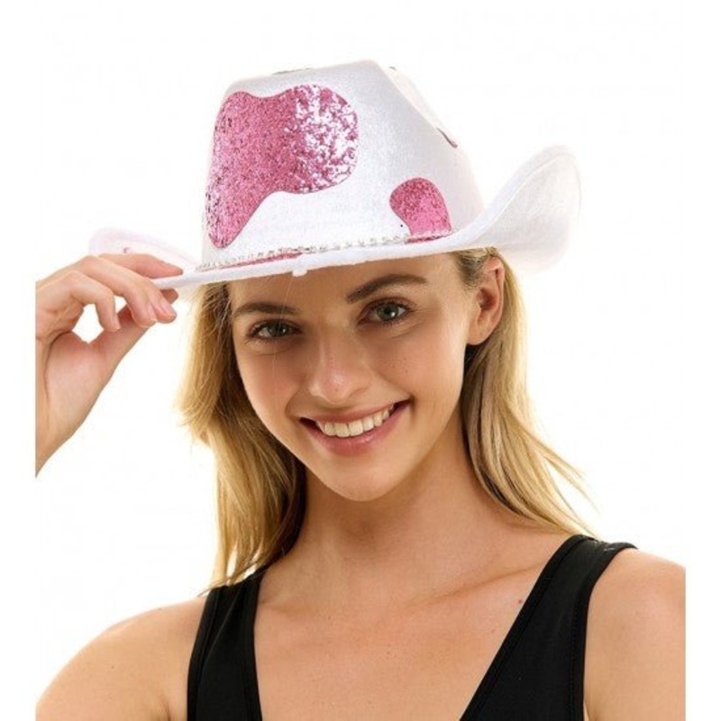 Chapeau Cowboy Adulte - Blanc imprim vache Rose