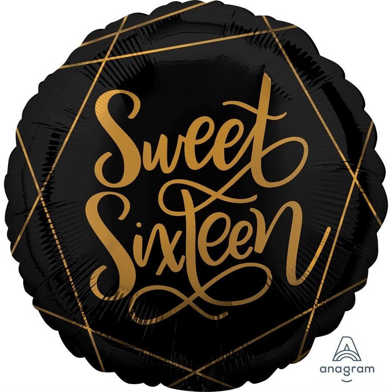 Ballon Mylar 18Po - 16 Ans Noir Et Or (Sweet Sixteen)