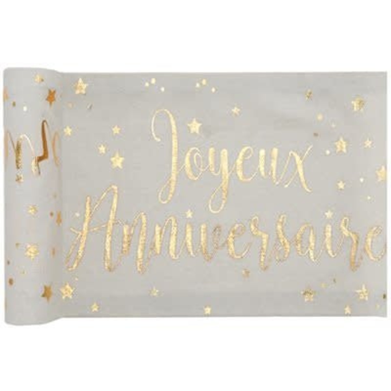 Chemin De Table Blanc et Or - Joyeux Anniversaire