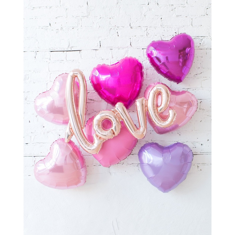 Hearts and Love Script Foil Balloons Backdrop