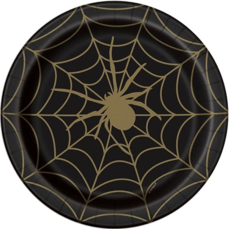 Black and Gold Spider Web 9in Round Dinner Paper Plates 8 Ct