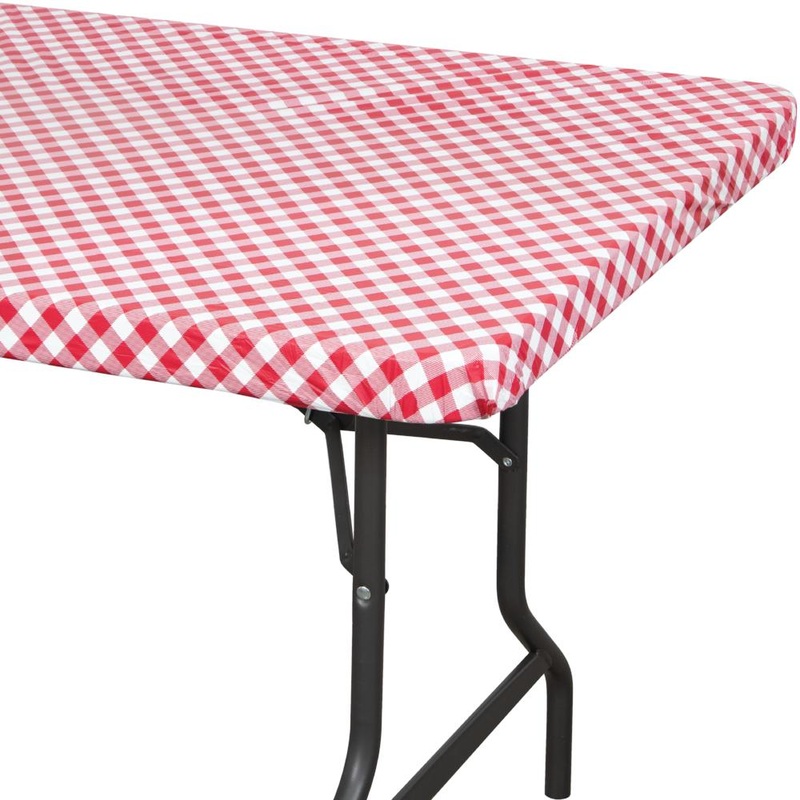 12 pc Bulk Red and White Gingham 30" x 96" Rectangular Stay Put Plastic tablecover