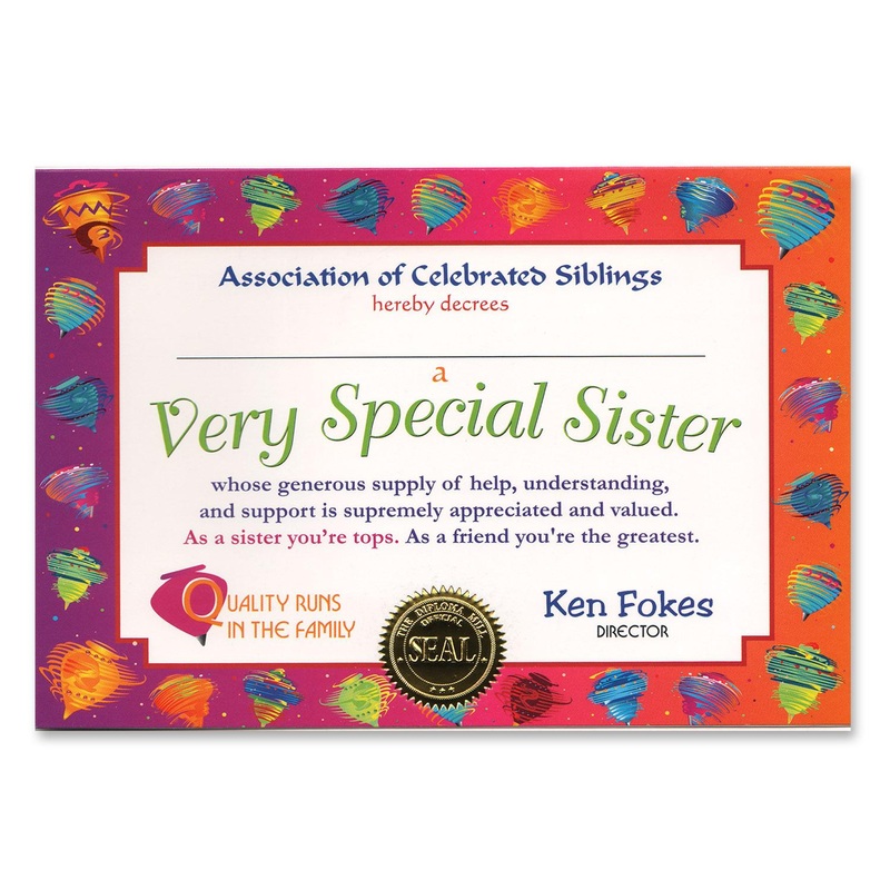 6 Pack Beistle Very Special Sister Certificate