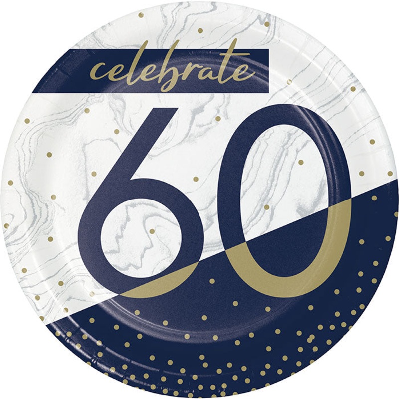 Bulk Pack of 24 Navy & Gold Milestone "60" Paper Dessert Plates