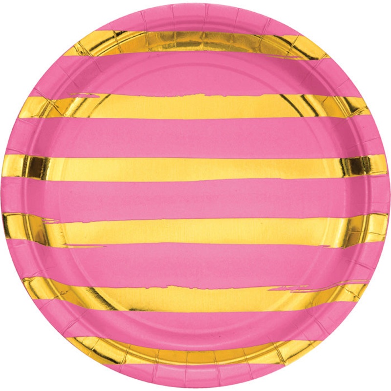 Candy Pink & Gold Foil Striped Paper Plates (8/Pkg)