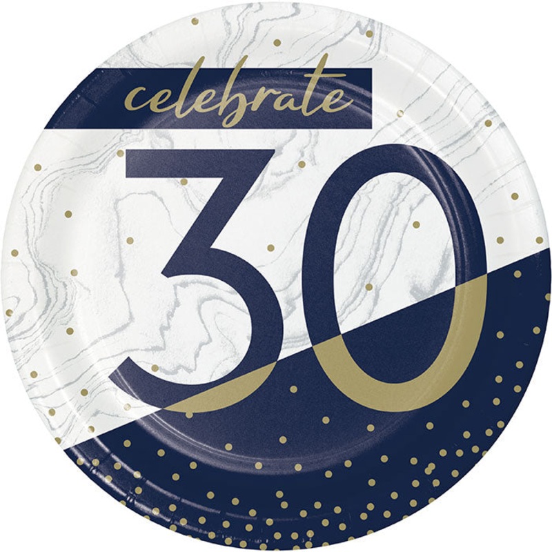 Bulk Pack of 24 Navy & Gold Milestone "30" Paper Dessert Plates