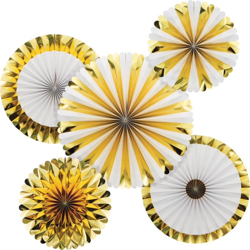 White & Gold Paper Fans Set (5/Pkg)