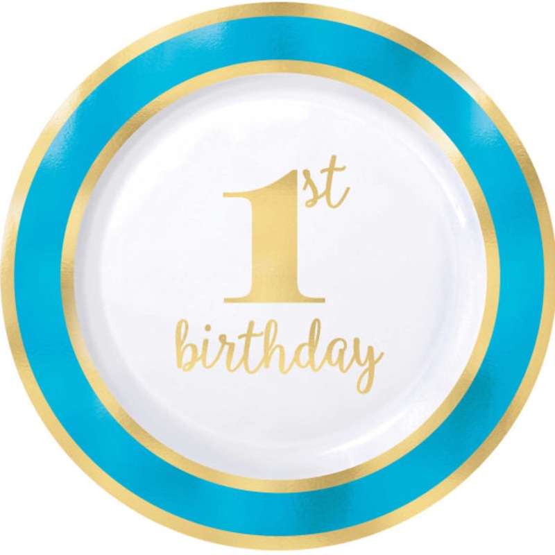 1st Birthday Blue Plastic Plates Hot Stamped