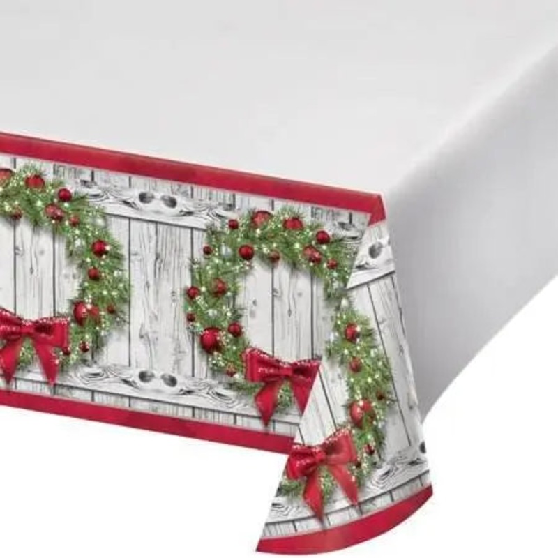 Apple Red & Green Rustic Wreath Border Print Tablecover (1ct)