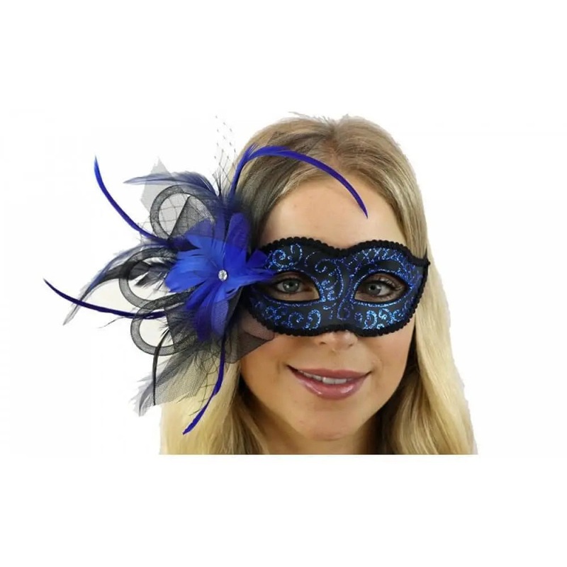 Venetian Mask with Feather and Veil - Blue