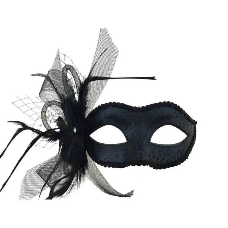 Black Mask with Feather and Veil
