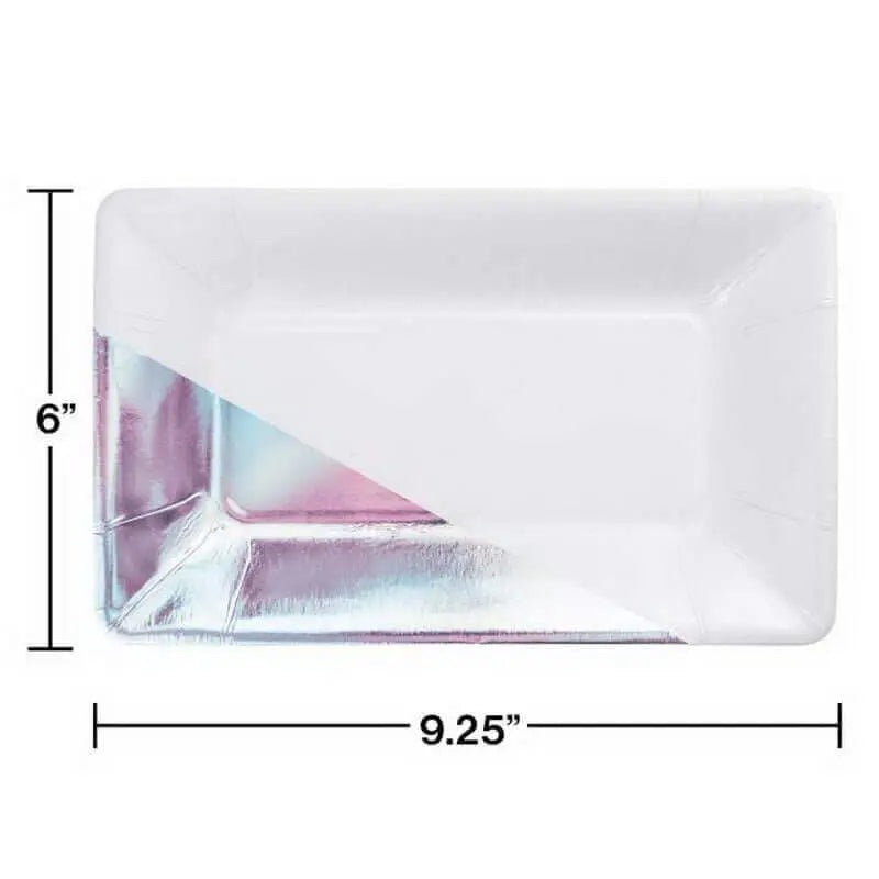 9" White Iridescent Foil Rectangular Paper Plates