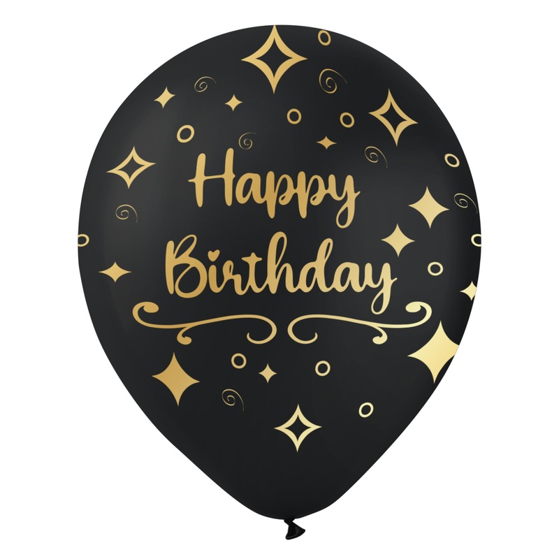 Black Happy Birthday Latex Balloons, Gold, 12 Inches, 15 Count